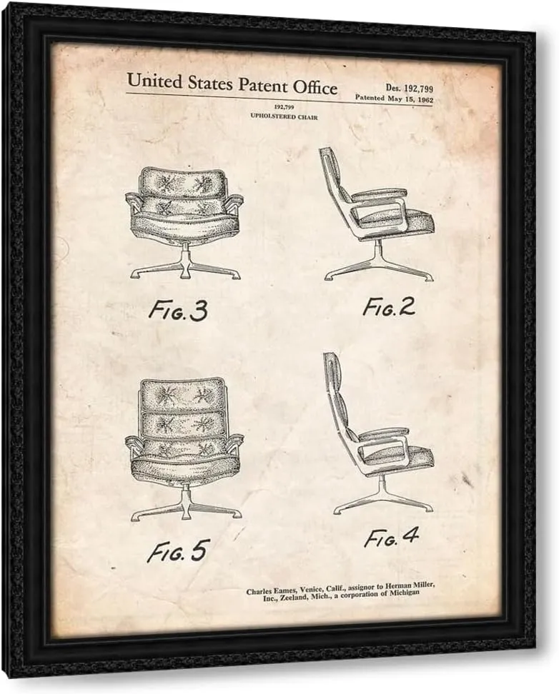 ArtDirect PP421-Vintage Parchment Eames Upholstered Chair Patent Poster 36x48 Huge Black Ornate Wood Framed Canvas Giclee Art by Borders, Cole