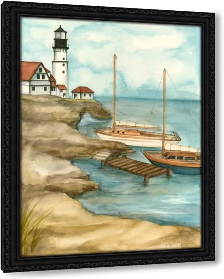 ArtDirect Shoreline Dock I 19x24 Black Ornate Wood Framed Canvas Giclee Art by Goldberger, Jennifer