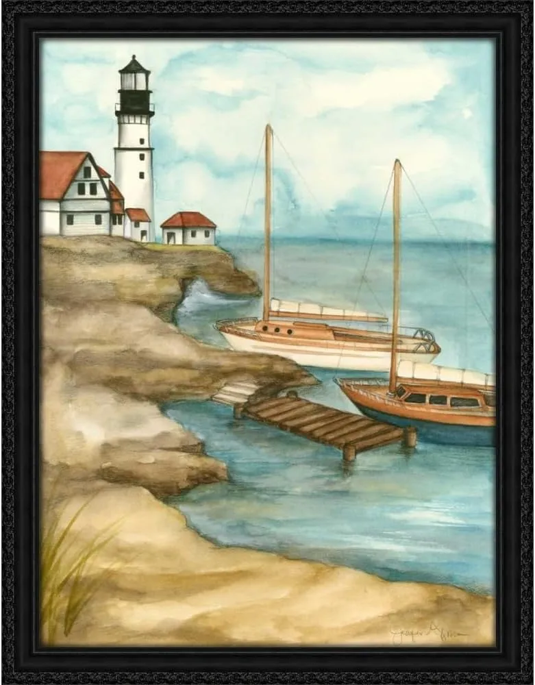 ArtDirect Shoreline Dock I 19x24 Black Ornate Wood Framed Canvas Giclee Art by Goldberger, Jennifer