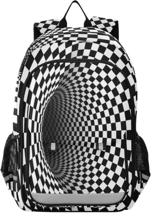 Aslsiy Kids Backpack Black and White Chess School Backpack for Boys Girls Tunnel Book Bags Daycare 17 Inch Laptop Bag