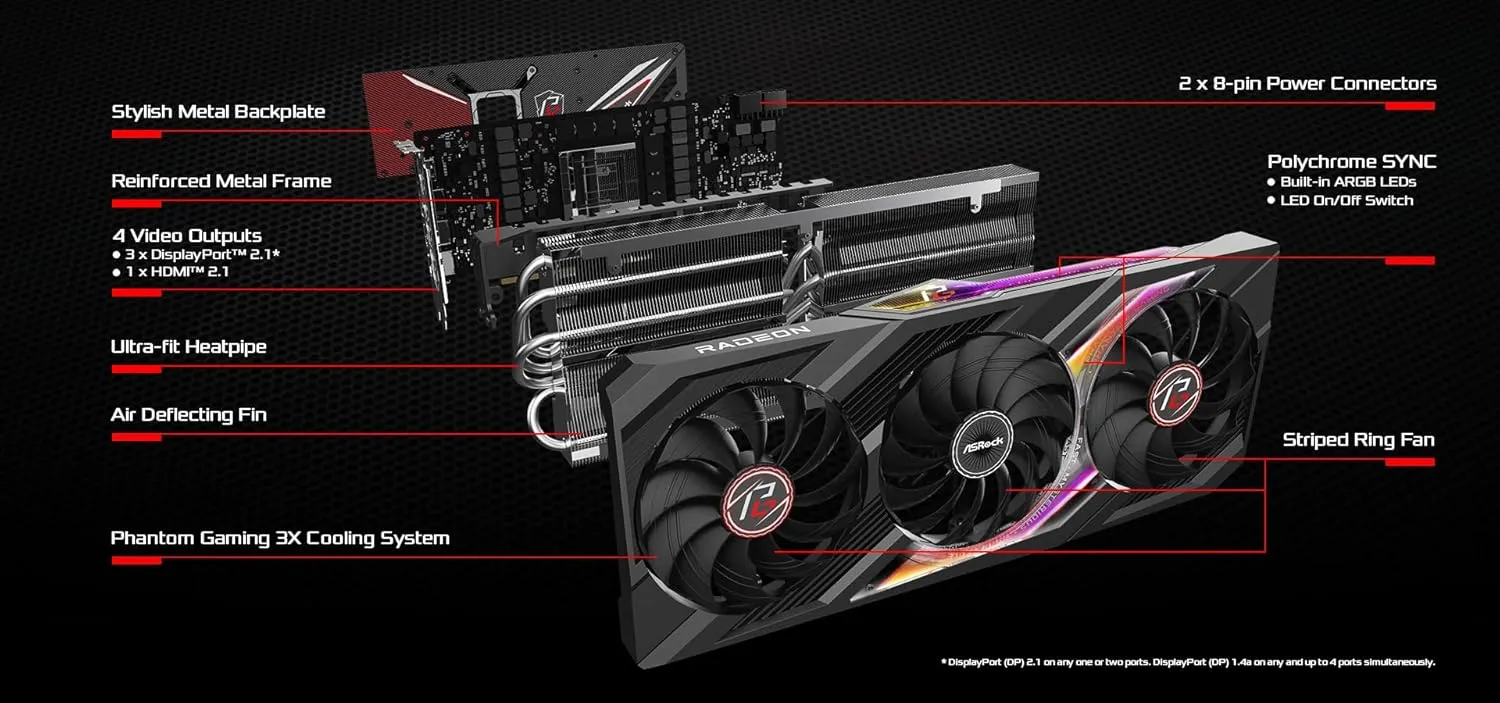 ASRock AMD Radeon™ RX 7900 XT Phantom Gaming 20GB OC Graphics Card 320 Bit 7680 x 4320 0dB Silent Cooling 3 x DisplayPort™ 2.1 GDDR6 1 x HDMI™ 2.1 20Gbps PCI Express 4.0