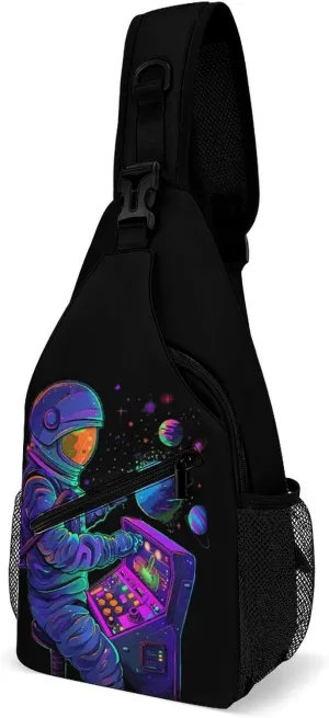 Astronaut Playing Arcade Games Funny Crossbody Sling Bag Novelty Chest Bags Shoulder Backpack For Travel Hiking 15×8×4 Inches
