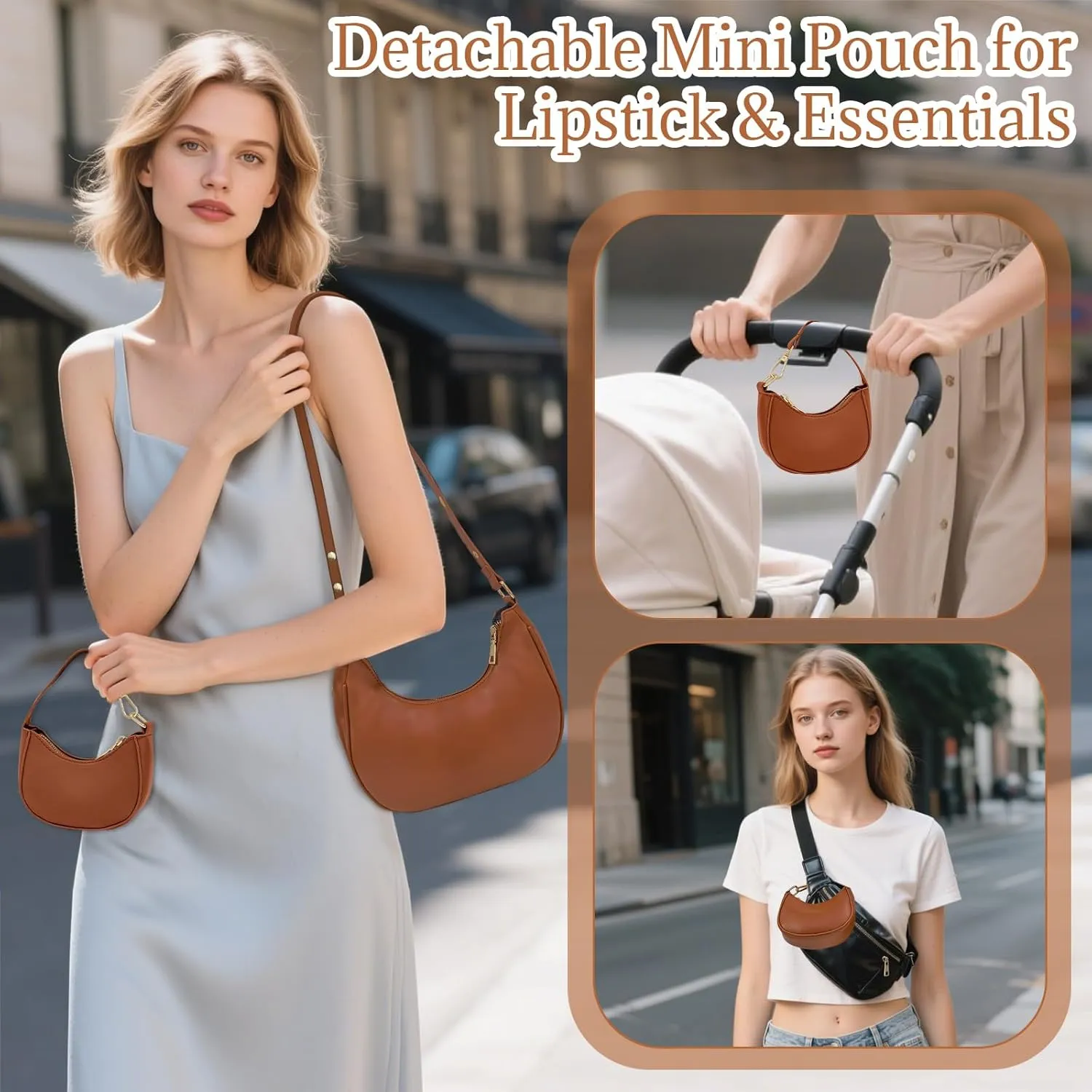 AUDTOPE Shoulder Bags for Women, Crescent Moon Handbag Cute Hobo Bag Faux Leather Mini Clutch Purse with Zipper Closure