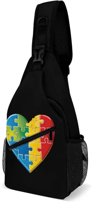 Autism Awareness Puzzle Piece Heart Funny Crossbody Sling Bag Novelty Chest Bags Shoulder Backpack For Travel Hiking 15×8×4 Inches