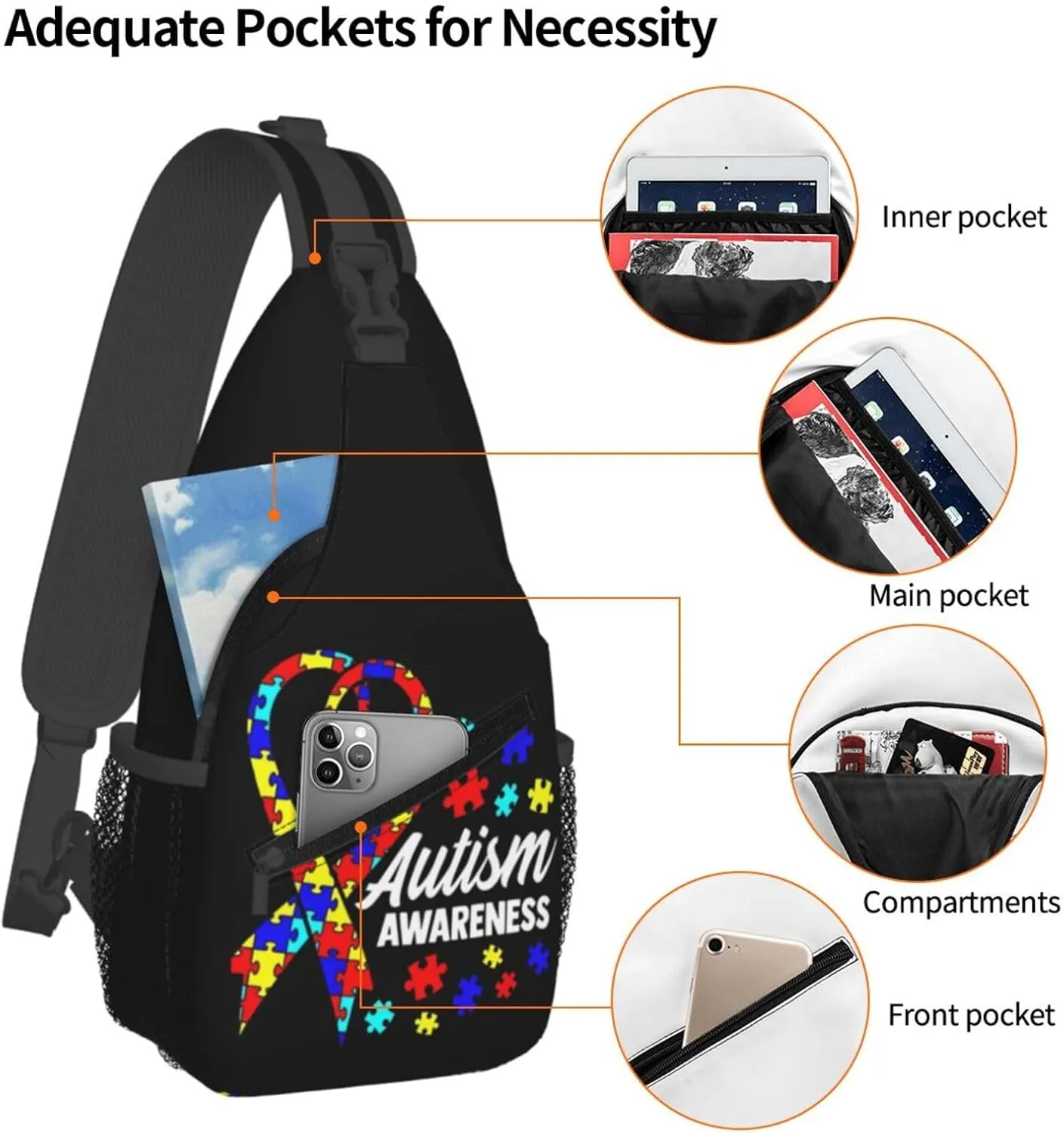 Autism Awareness Sling Bag Cute Crossbody Backpack Shoulder Chest Bags for Men Women Cycling Travel Walking