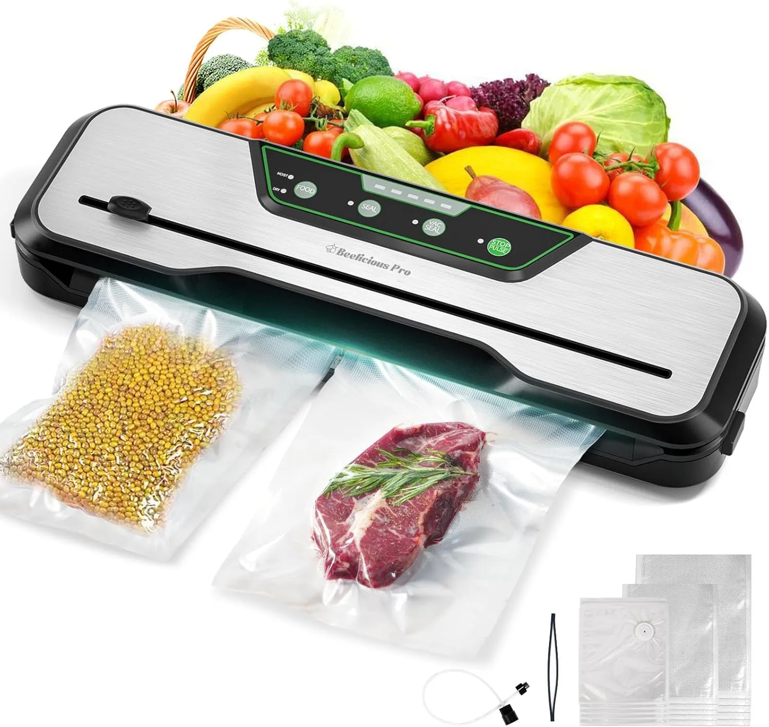 Automatic Food Vacuum Sealer Machine | Beelicious Pro 80KPa 8-In-1 Food Vacuum Saver with Starter Kits | 15 Bags, Pulse Function, Moist & Dry Mode and External VAC for Jars and Containers