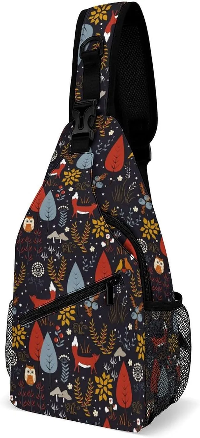 Autumn Forest with Foxes Sling Crossbody Backpack with Strap Lightweight Outdoor Hiking