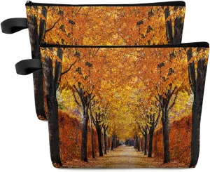 Autumn Pathway in The Woods Covered Dried Deciduous Tree Leaves Cosmetic Bags for Women, Romantic Fall Season Small Makeup Bag for Purse, Waterproof Travel Toiletry Bag Organizer, 2PCS