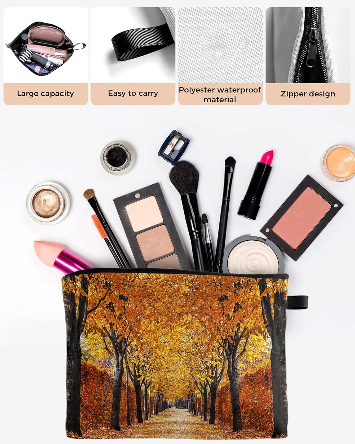 Autumn Pathway in The Woods Covered Dried Deciduous Tree Leaves Cosmetic Bags for Women, Romantic Fall Season Small Makeup Bag for Purse, Waterproof Travel Toiletry Bag Organizer, 2PCS
