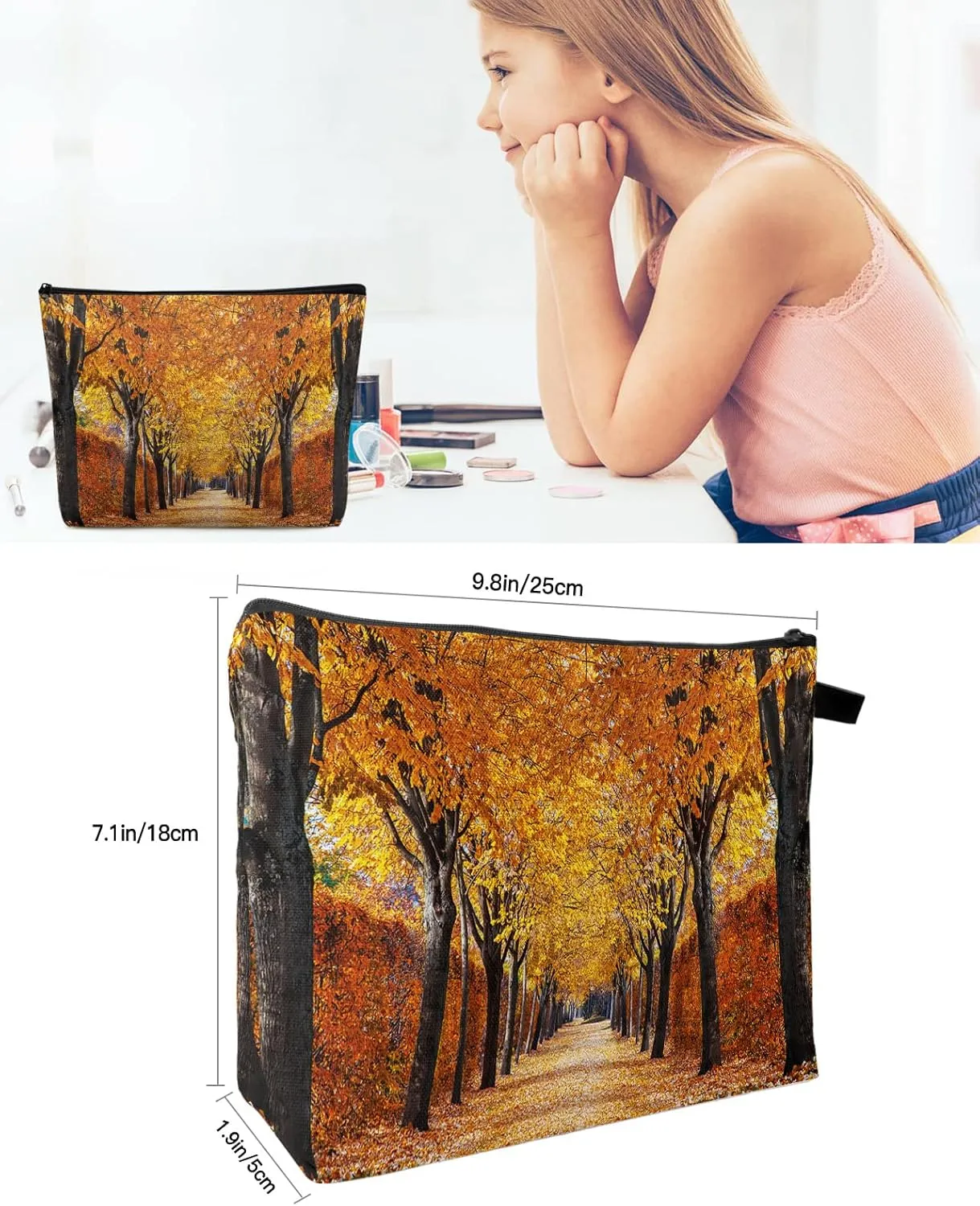 Autumn Pathway in The Woods Covered Dried Deciduous Tree Leaves Cosmetic Bags for Women, Romantic Fall Season Small Makeup Bag for Purse, Waterproof Travel Toiletry Bag Organizer, 2PCS