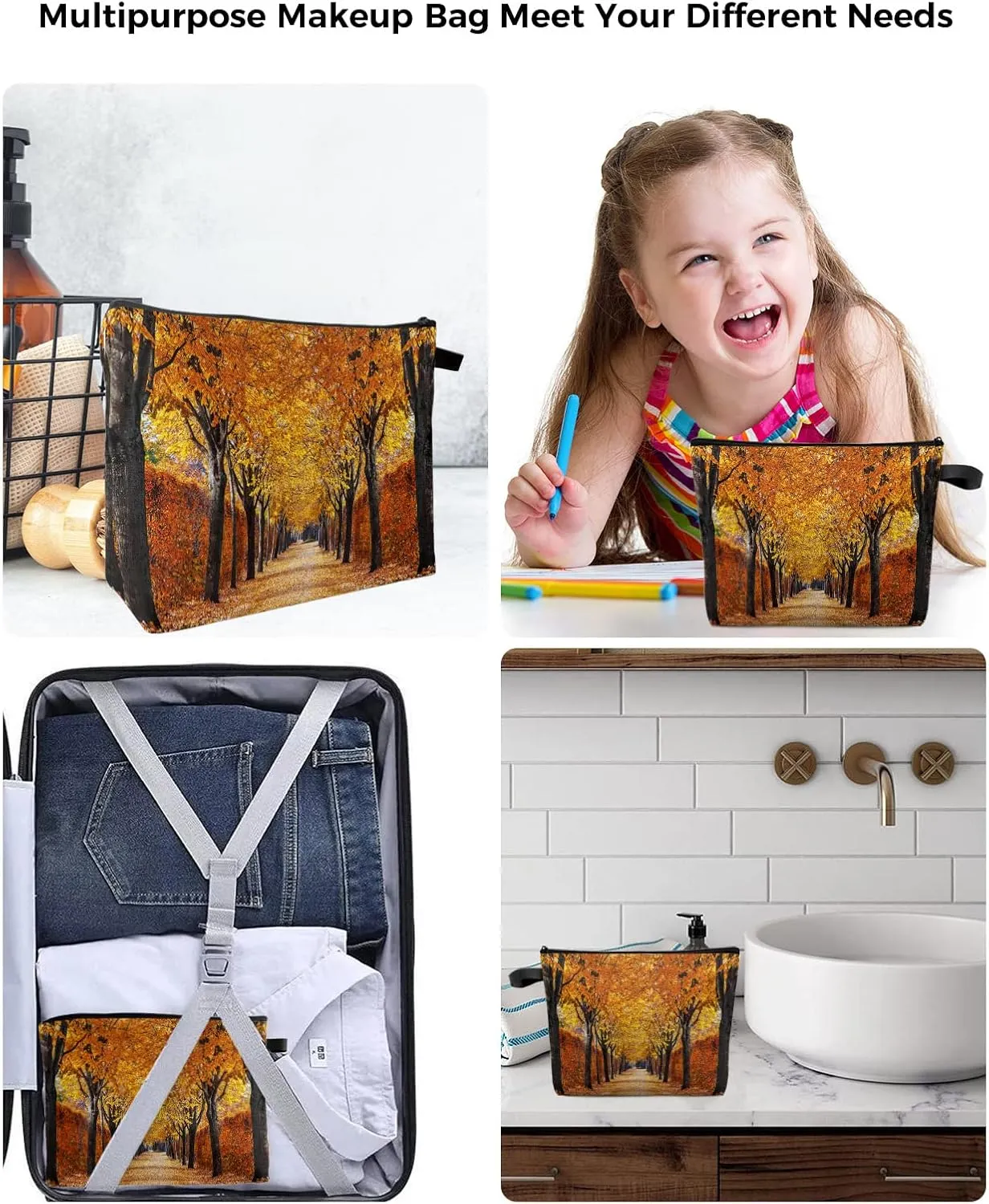Autumn Pathway in The Woods Covered Dried Deciduous Tree Leaves Cosmetic Bags for Women, Romantic Fall Season Small Makeup Bag for Purse, Waterproof Travel Toiletry Bag Organizer, 2PCS