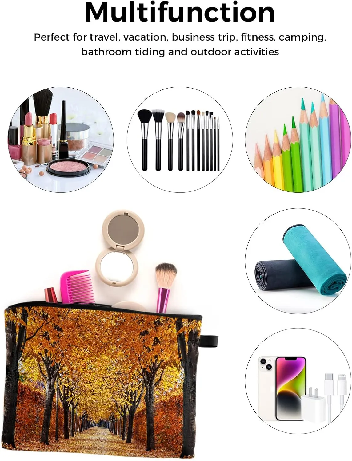 Autumn Pathway in The Woods Covered Dried Deciduous Tree Leaves Cosmetic Bags for Women, Romantic Fall Season Small Makeup Bag for Purse, Waterproof Travel Toiletry Bag Organizer, 2PCS