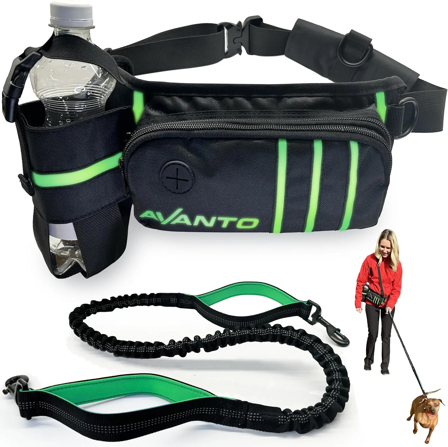 AVANTO Hands Free Dog Leash with Waist Belt – Adjustable Running Belt for Dogs, Reflective Bungee, Dual Handles, Durable for Large Dogs, No-Pull Jogging & Hiking Leash for Active Pet Owners