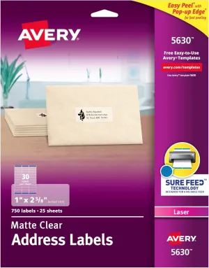 Avery Printable Address Labels with Sure Feed, 1" x 2-5/8", Matte Clear, 750 Blank Mailing Labels (05630)