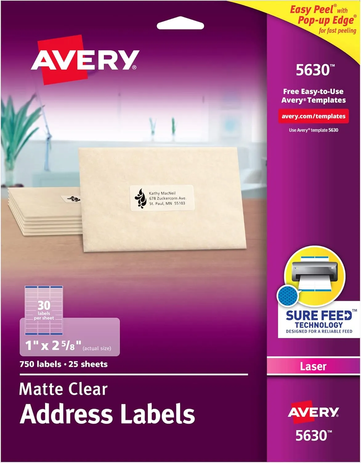 Avery Printable Address Labels with Sure Feed, 1" x 2-5/8", Matte Clear, 750 Blank Mailing Labels (05630)