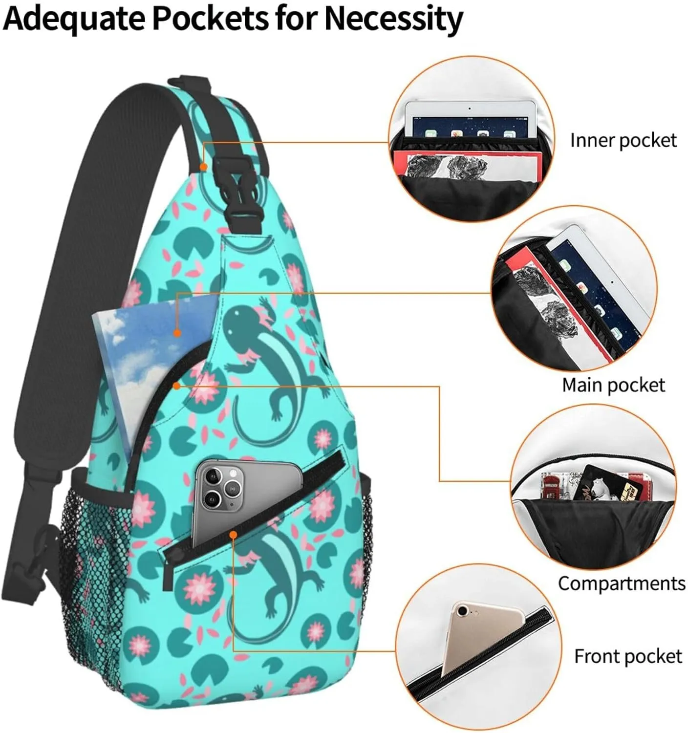 Axolotl Lily Pad Pond Chest Sling Bag Crossbody Shoulder Backpack Bag Gym Cycling Daypack Travel Hiking Cross Bag