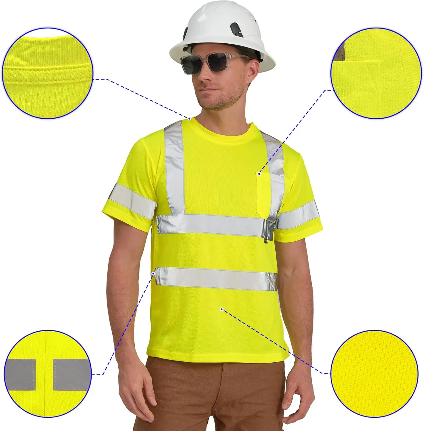 AYKRM Hi Vis T Shirt ANSI Class 3 V Neck Reflective Safety High Visibility Shirts (XS-6XL)