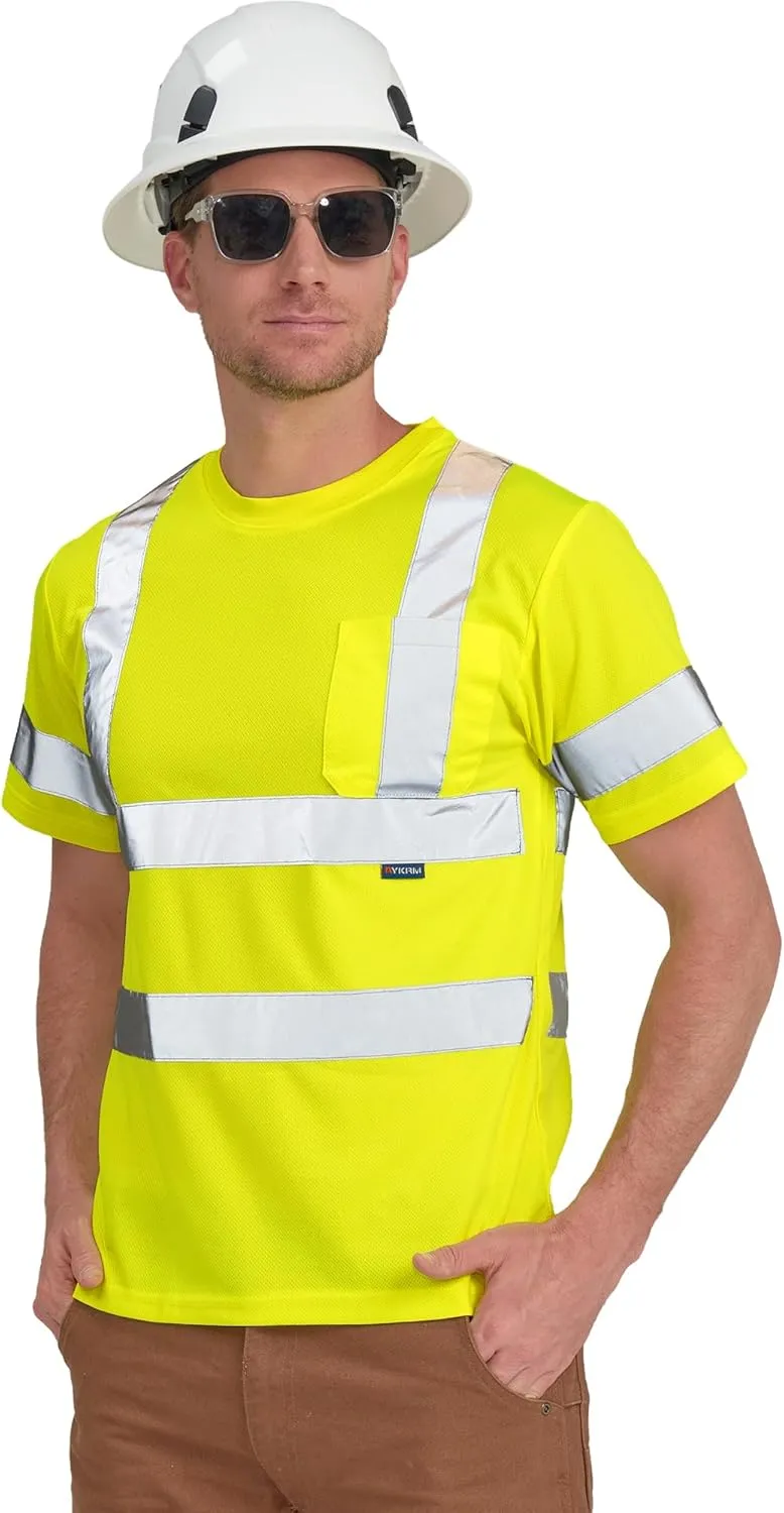 AYKRM Hi Vis T Shirt ANSI Class 3 V Neck Reflective Safety High Visibility Shirts (XS-6XL)