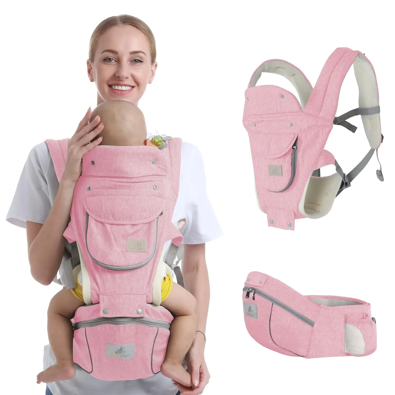 Baby Hip Seat Carrier - Ergonomic Infant Waist Stool with Hip Seat - Kangaroo Bag Front & Back Baby Holder - 3-36 Months (New Pink)