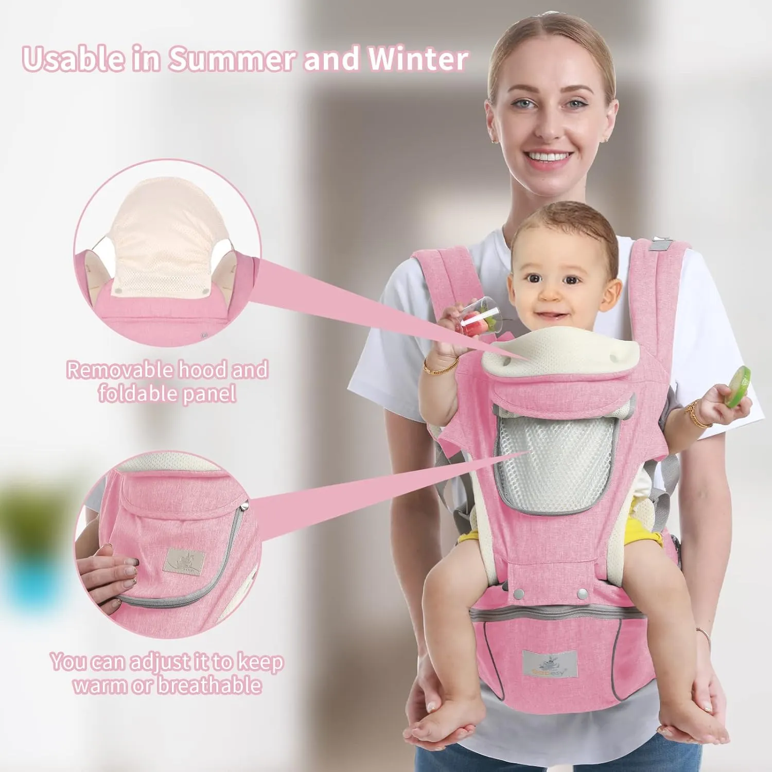 Baby Hip Seat Carrier - Ergonomic Infant Waist Stool with Hip Seat - Kangaroo Bag Front & Back Baby Holder - 3-36 Months (New Pink)