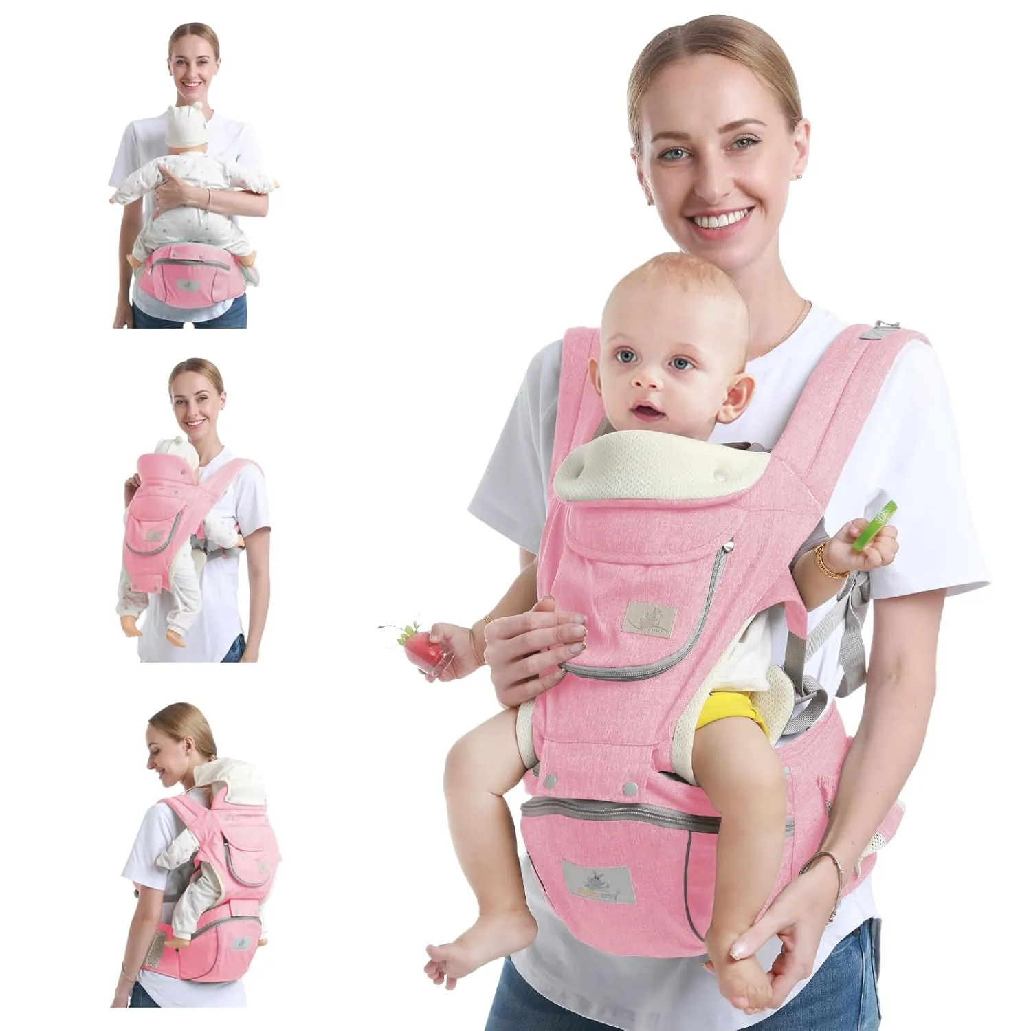 Baby Hip Seat Carrier - Ergonomic Infant Waist Stool with Hip Seat - Kangaroo Bag Front & Back Baby Holder - 3-36 Months (New Pink)