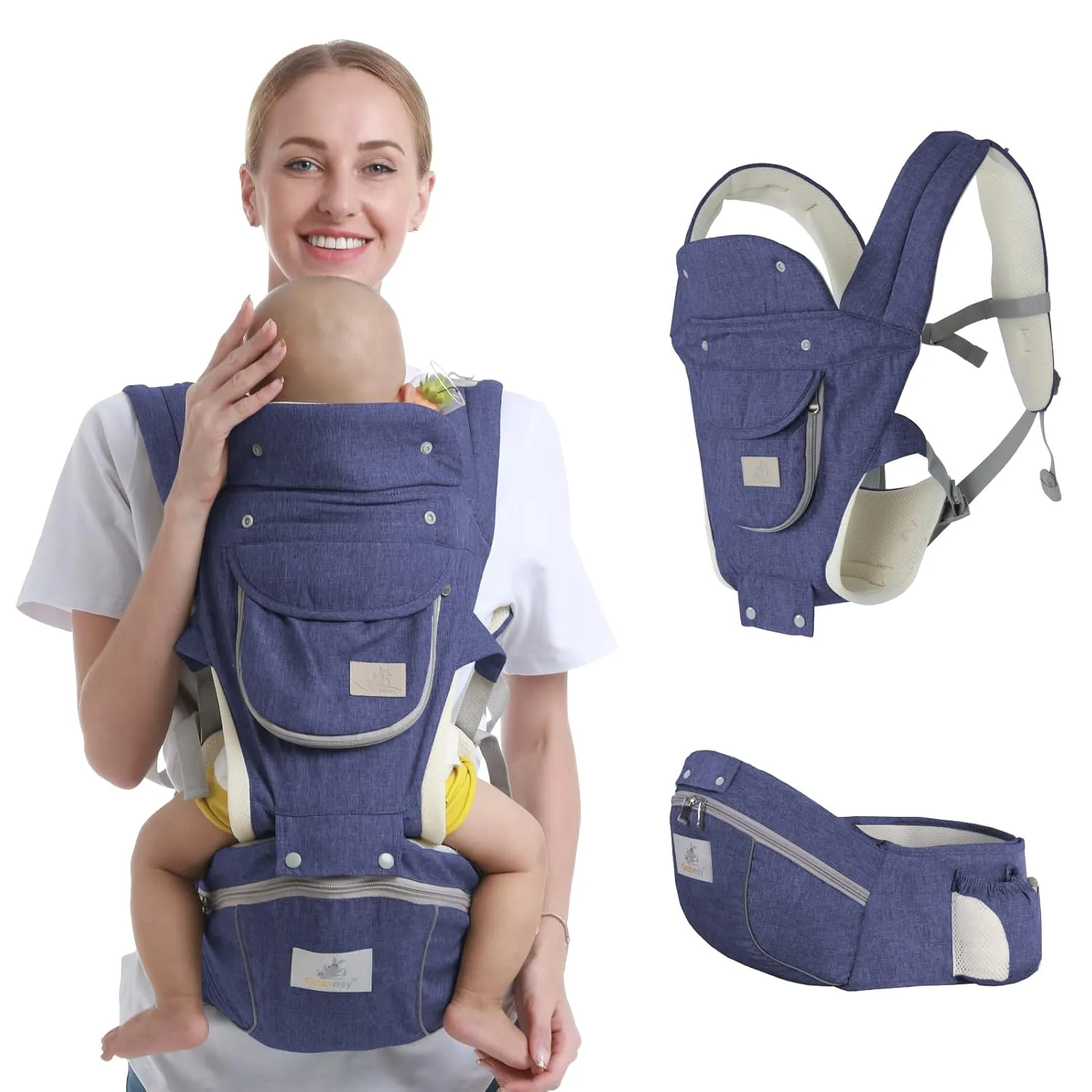 Baby Hip Seat Carrier - Ergonomic Infant Waist Stool with Hip Seat - Kangaroo Bag Front & Back Holder - 3-36 Months (New Dark Blue)