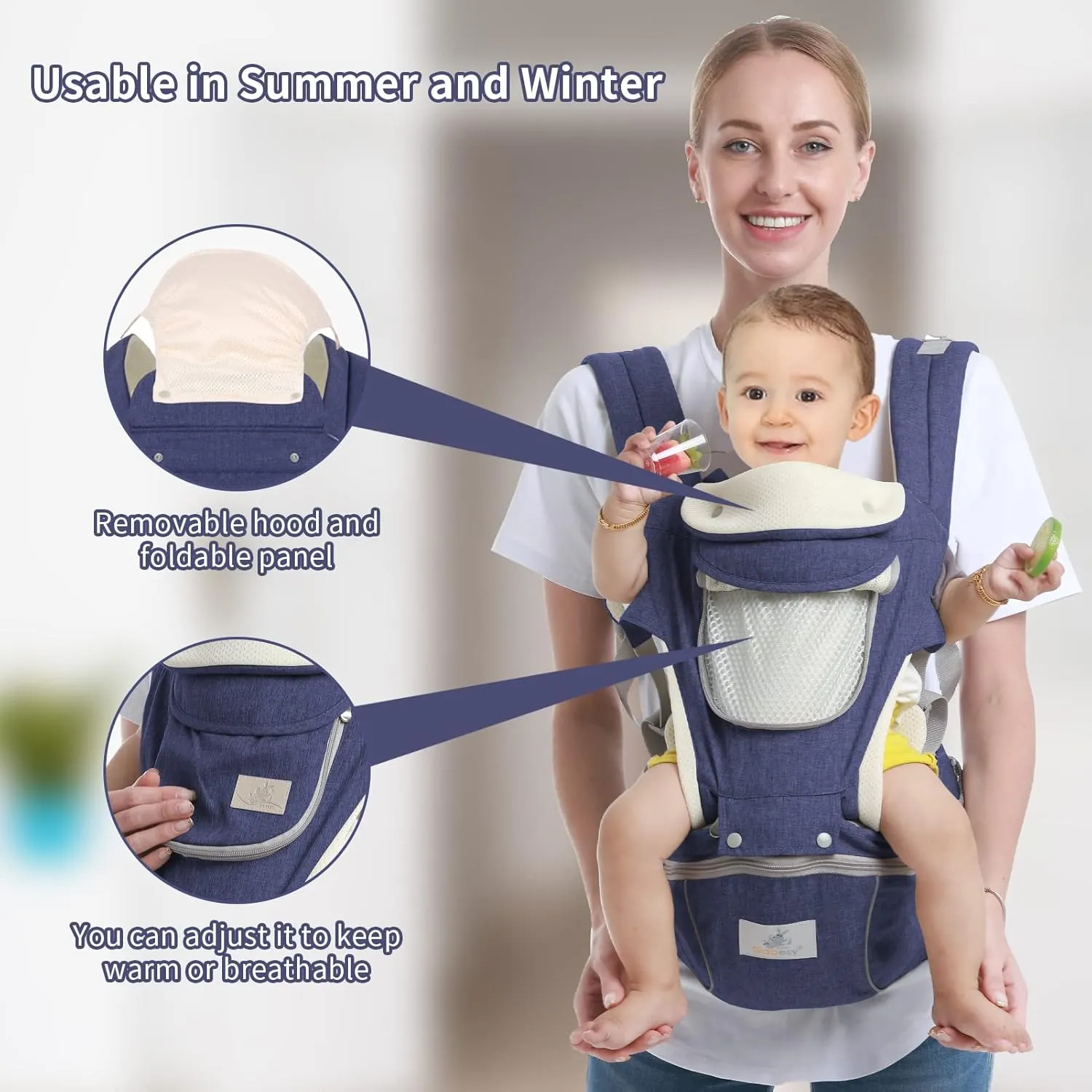 Baby Hip Seat Carrier - Ergonomic Infant Waist Stool with Hip Seat - Kangaroo Bag Front & Back Holder - 3-36 Months (New Dark Blue)