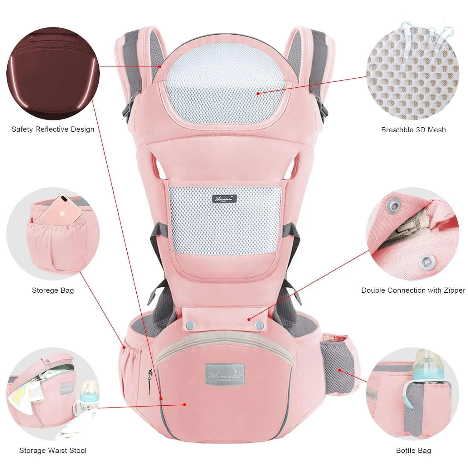 Baby Wrap Carrier - Newborn to Toddler Kangaroo Carrier with Hip Seat for Men/Women (Pink)