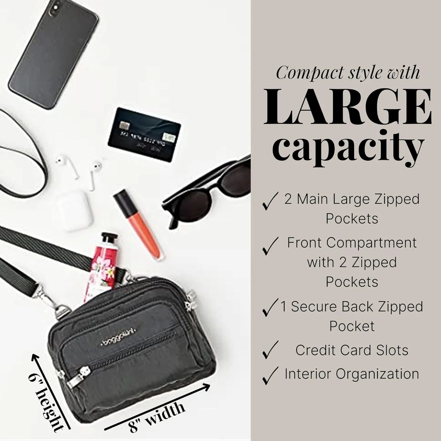 Baggallini Triple Zip Small Crossbody Bag for Women