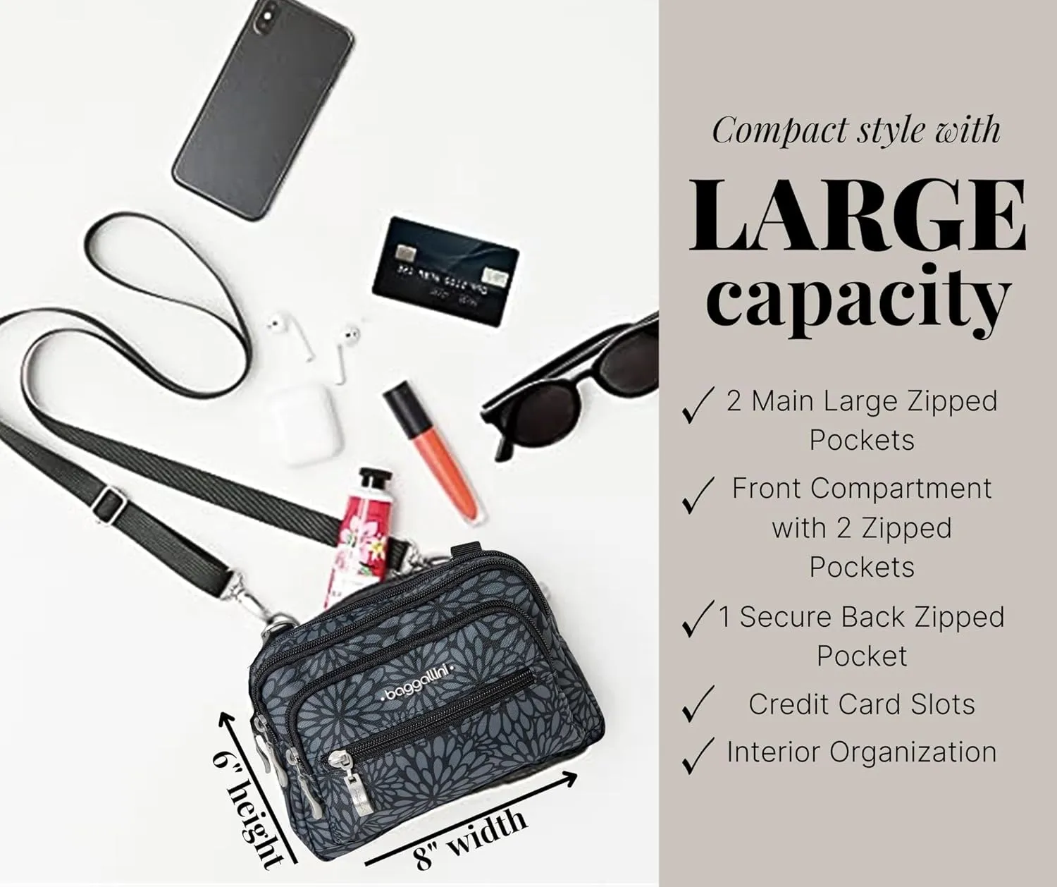 Baggallini Triple Zip Small Crossbody Bag for Women