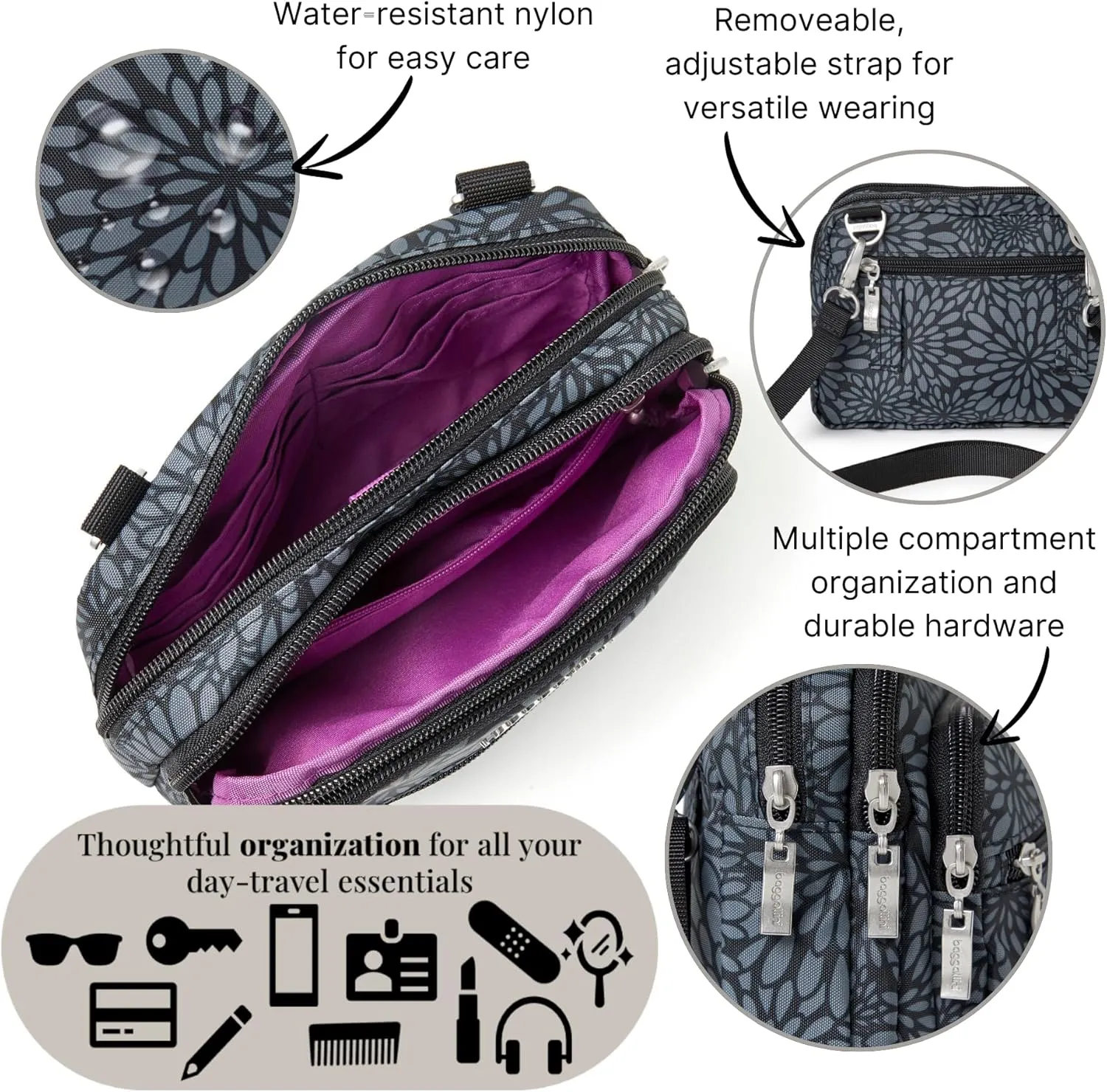 Baggallini Triple Zip Small Crossbody Bag for Women