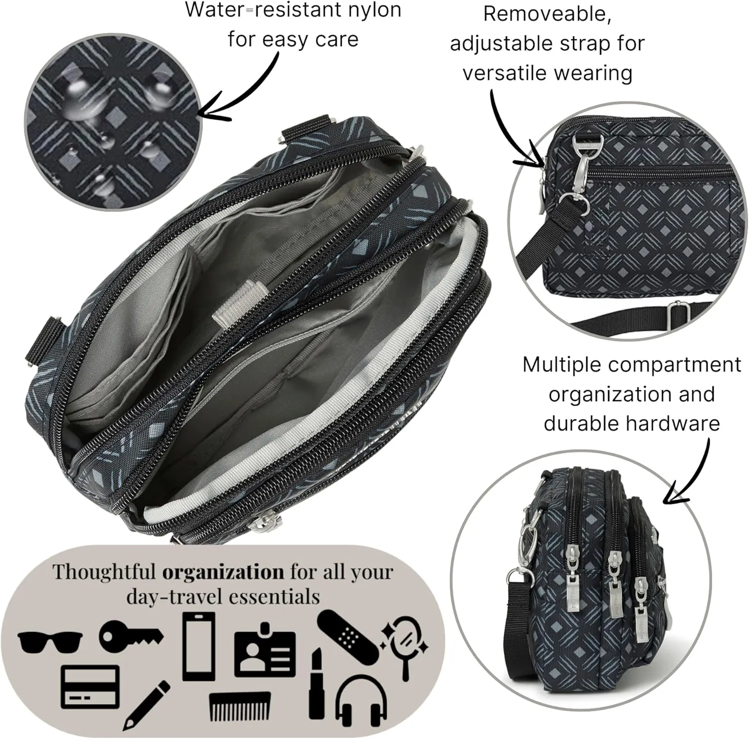 Baggallini Triple Zip Small Crossbody Bag for Women