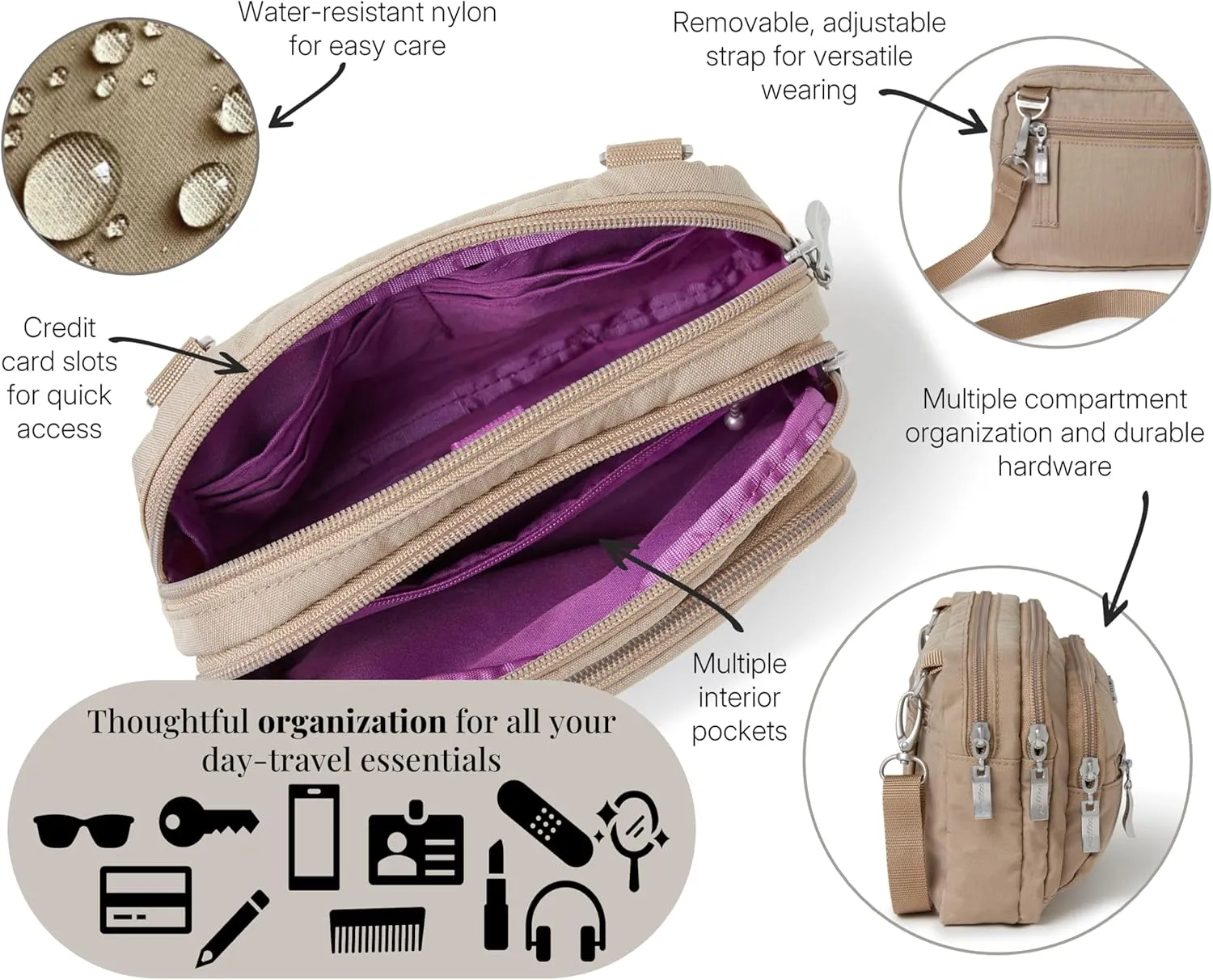 Baggallini Triple Zip Small Crossbody Bag for Women