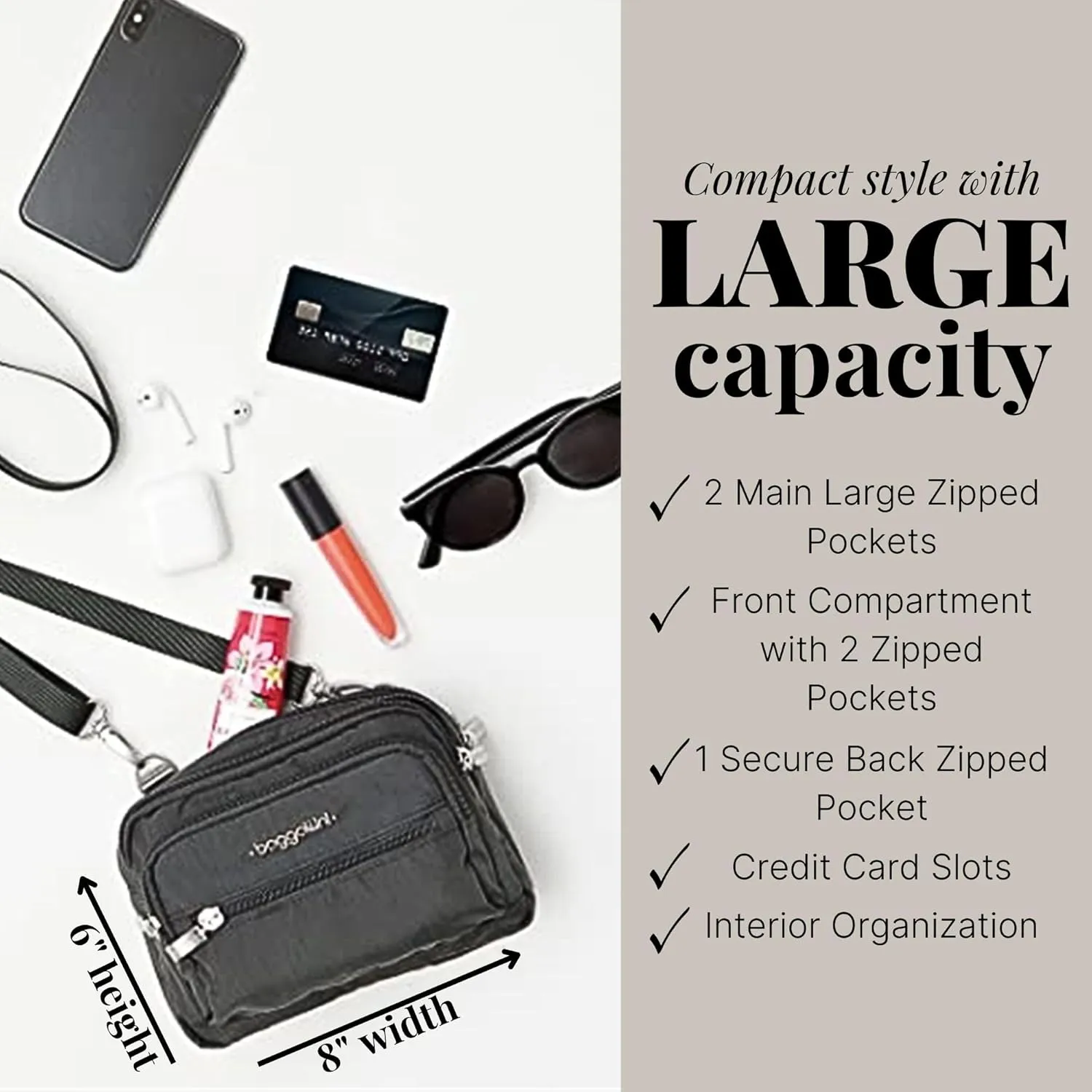 Baggallini Triple Zip Small Crossbody Bag for Women