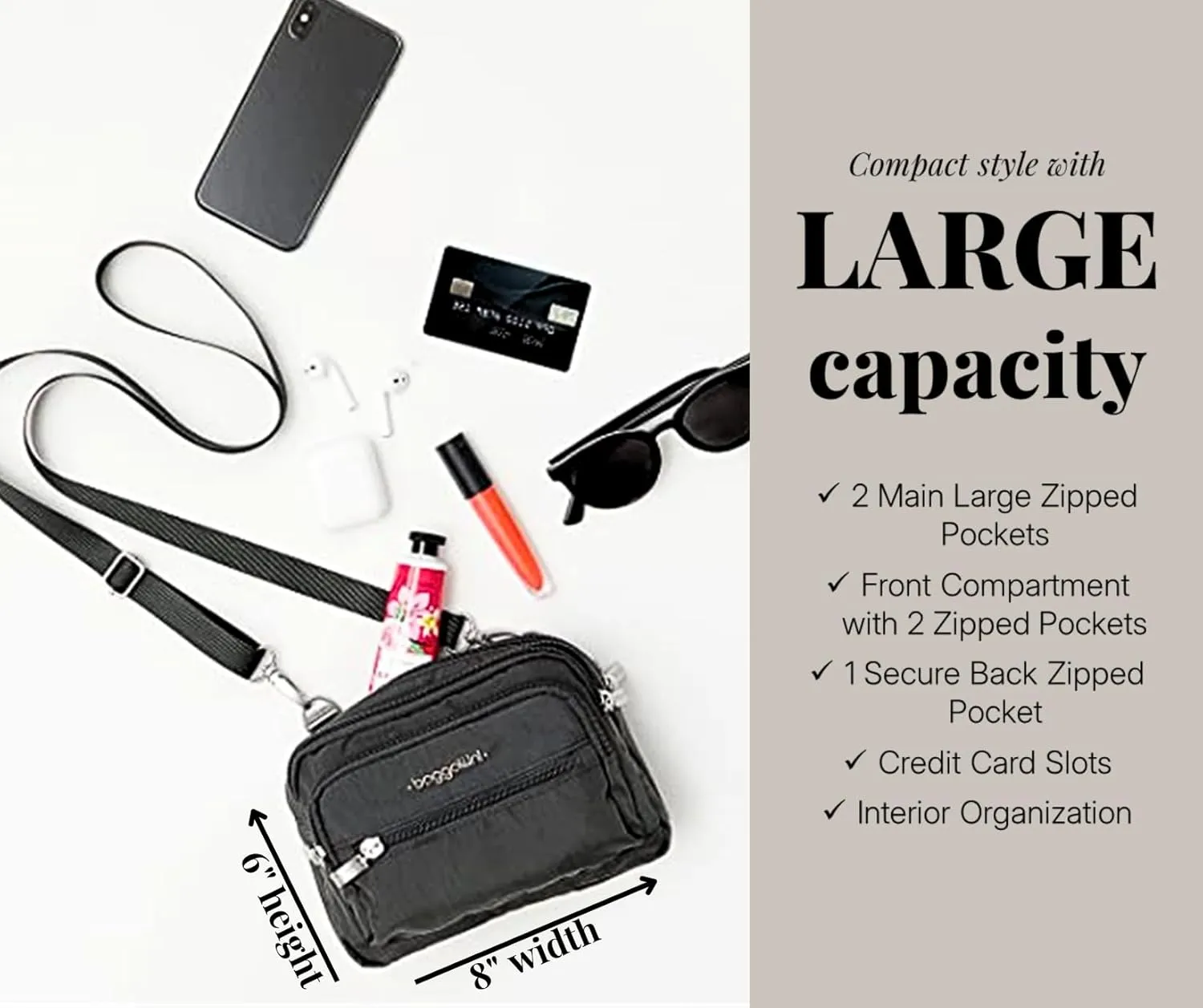Baggallini Triple Zip Small Crossbody Bag for Women
