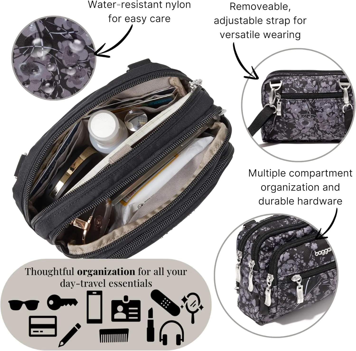 Baggallini Triple Zip Small Crossbody Bag for Women