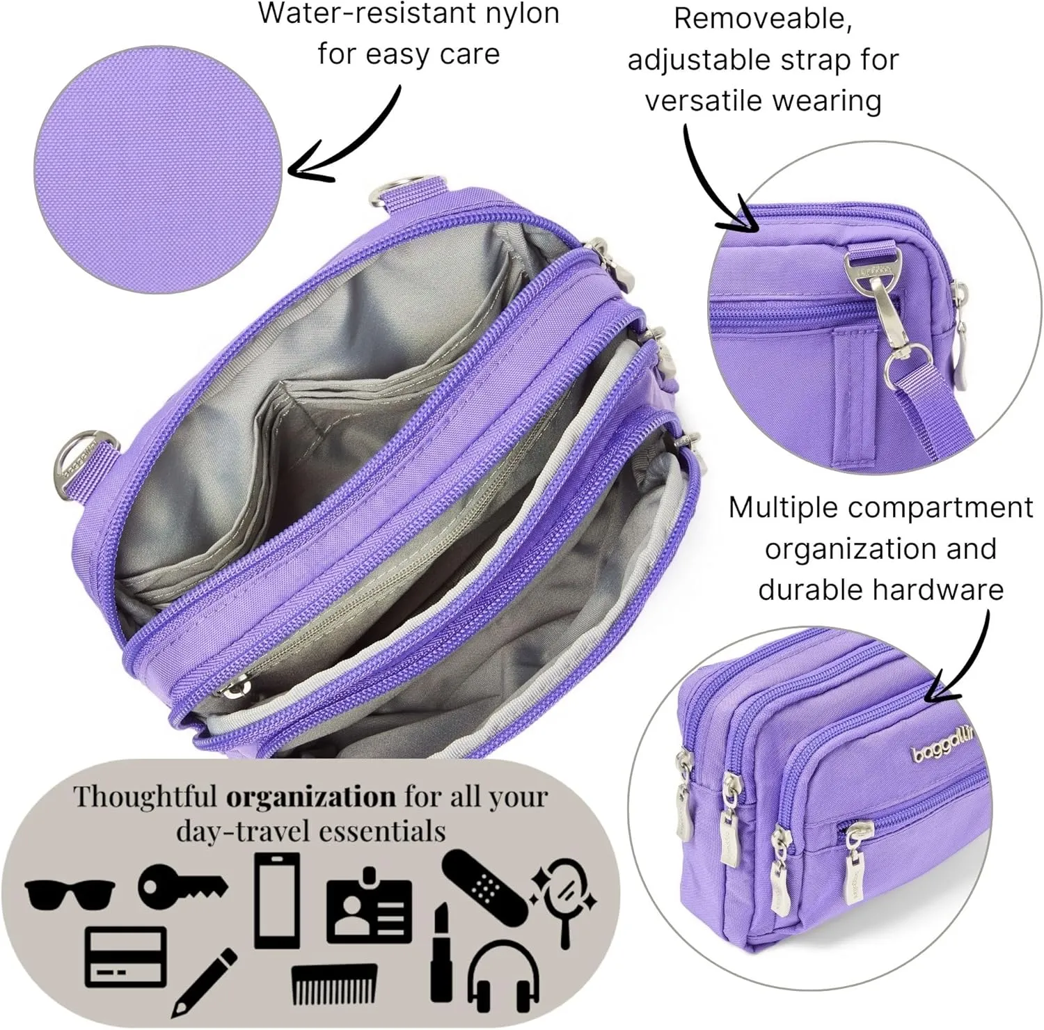 Baggallini Triple Zip Small Crossbody Bag for Women