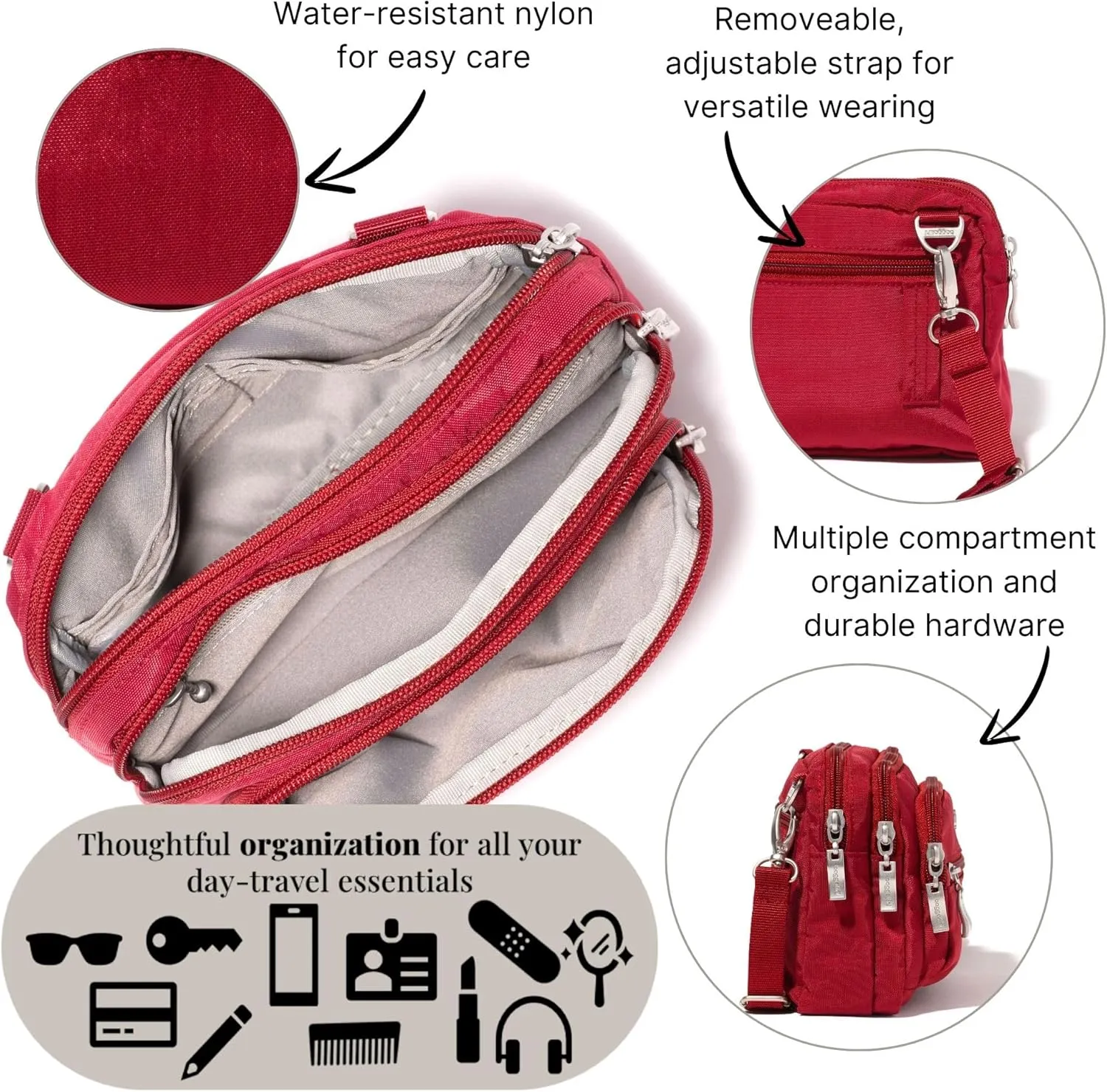 Baggallini Triple Zip Small Crossbody Bag for Women