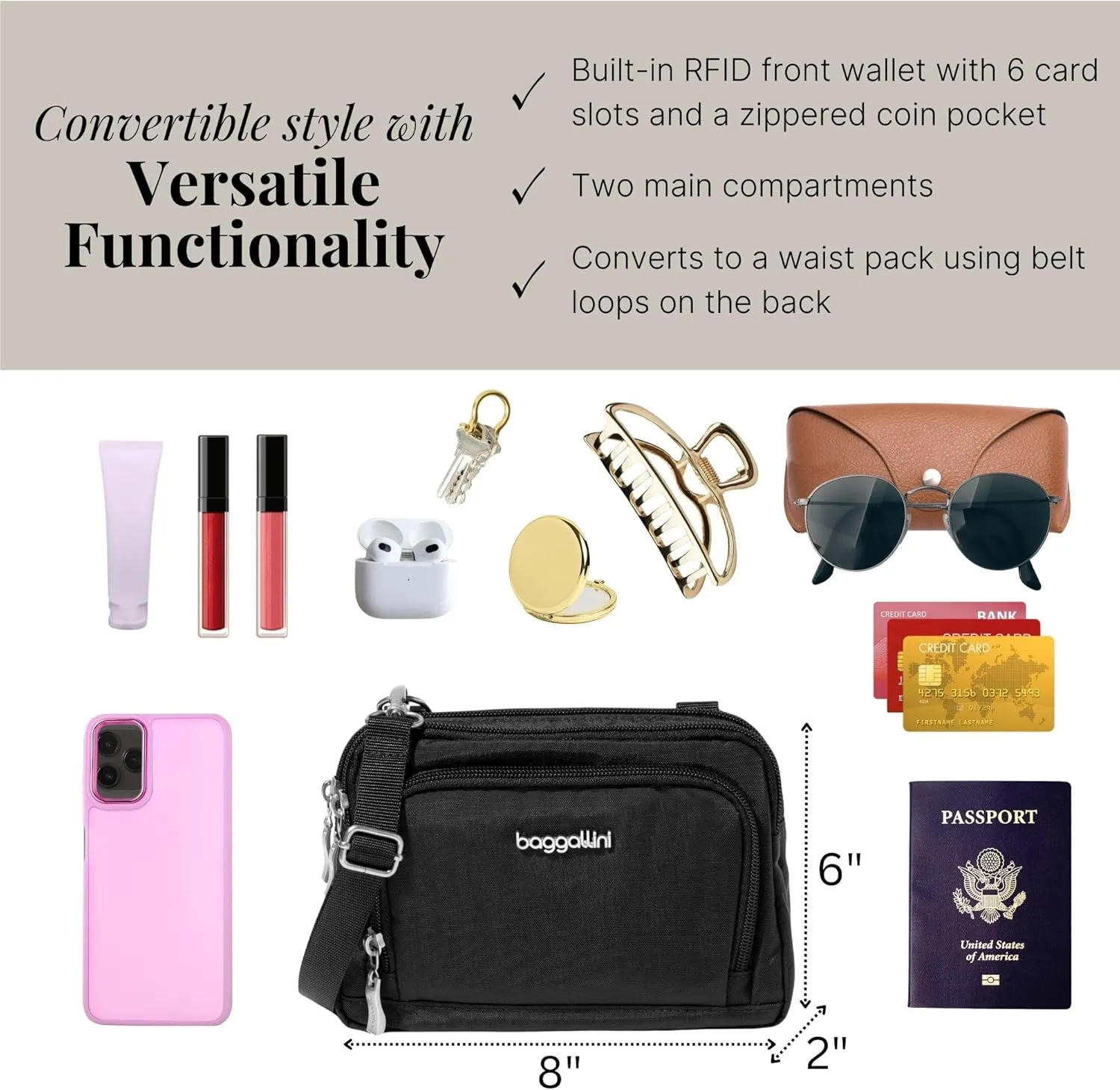 Baggallini Women Triple Zip Bag with Wallet