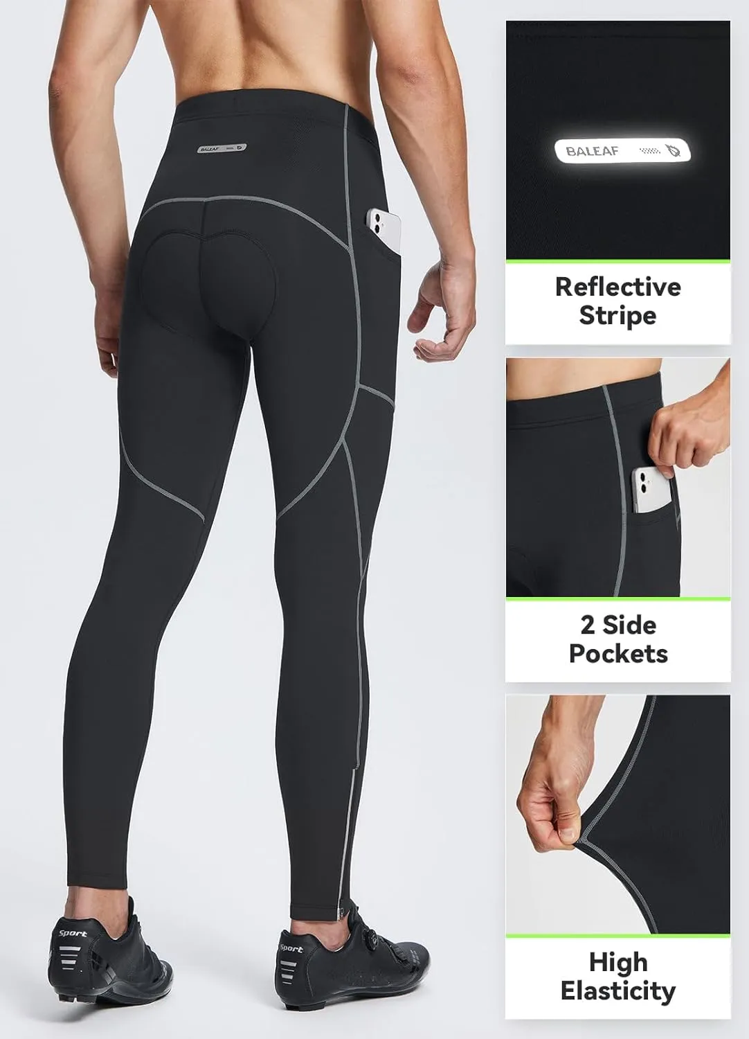 baleaf Men's Thermal Cycling Pants, 4D Padded Winter Bike Tights Fleece Lined Bicyble Riding Leggings