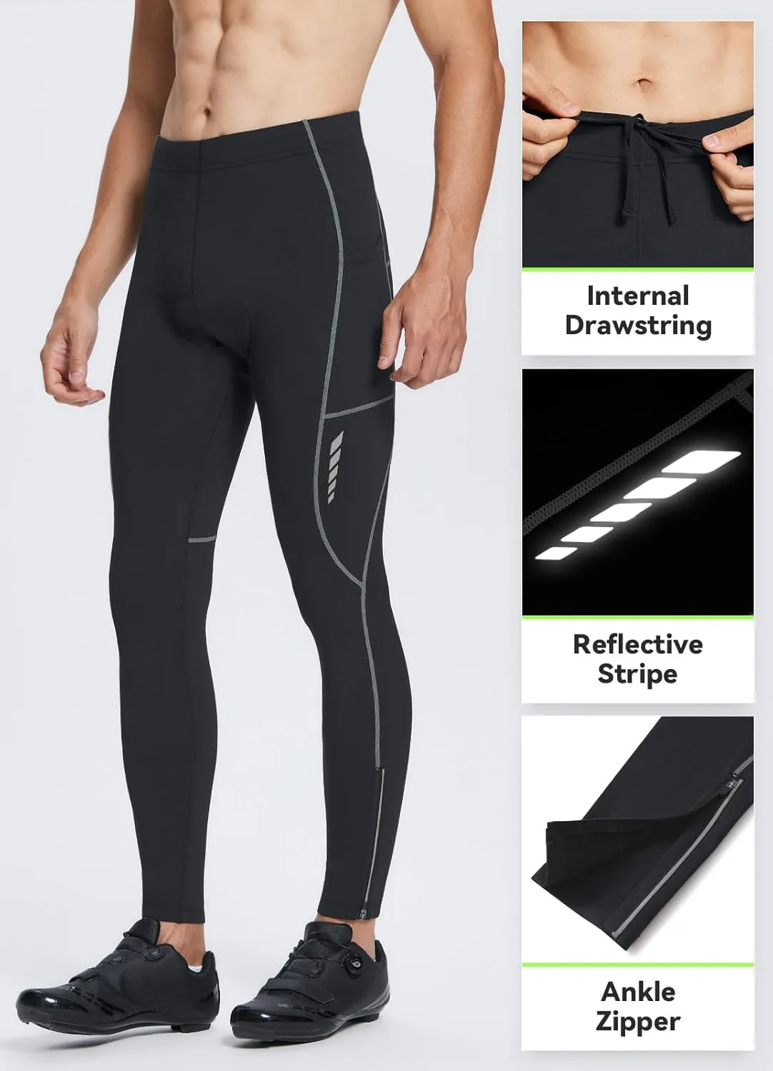 baleaf Men's Thermal Cycling Pants, 4D Padded Winter Bike Tights Fleece Lined Bicyble Riding Leggings