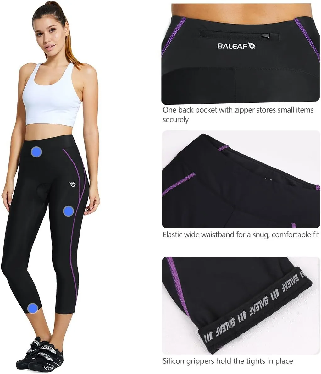 baleaf Women's Padded Bike Pants High Waist Cycling Shorts 3/4 Bicycle Capris Legging Zipper Pockets UPF 50 