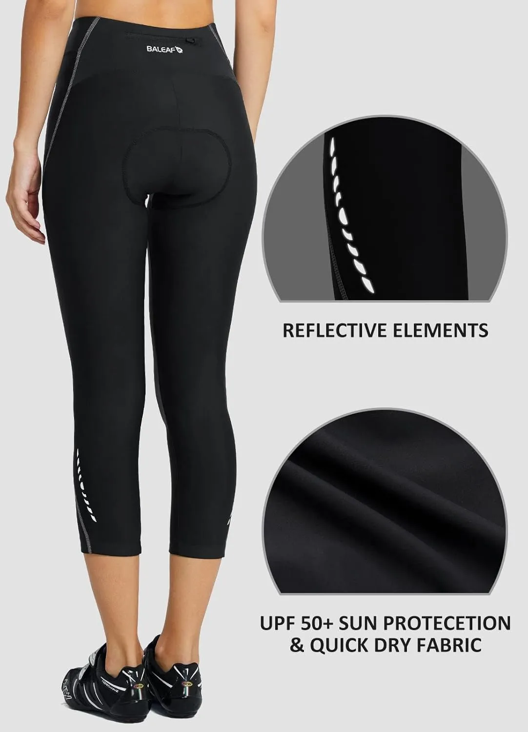 baleaf Women's Padded Bike Pants High Waist Cycling Shorts 3/4 Bicycle Capris Legging Zipper Pockets UPF 50 