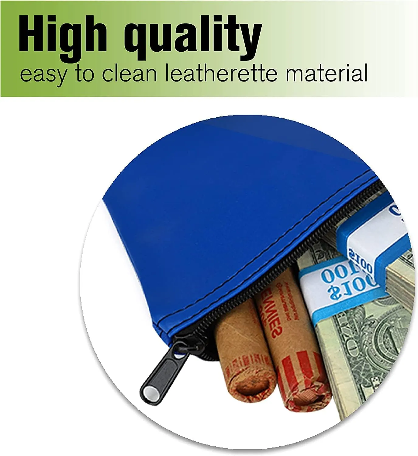 BankSupplies Reusable Deposit Bag | 11” W x 6” H | Vinyl Coating | Royal Blue | Double-Stitched Seams | Heavy-Duty Nylon Zipper | Leather-Like Textured Grain | Bank Bags with Zipper