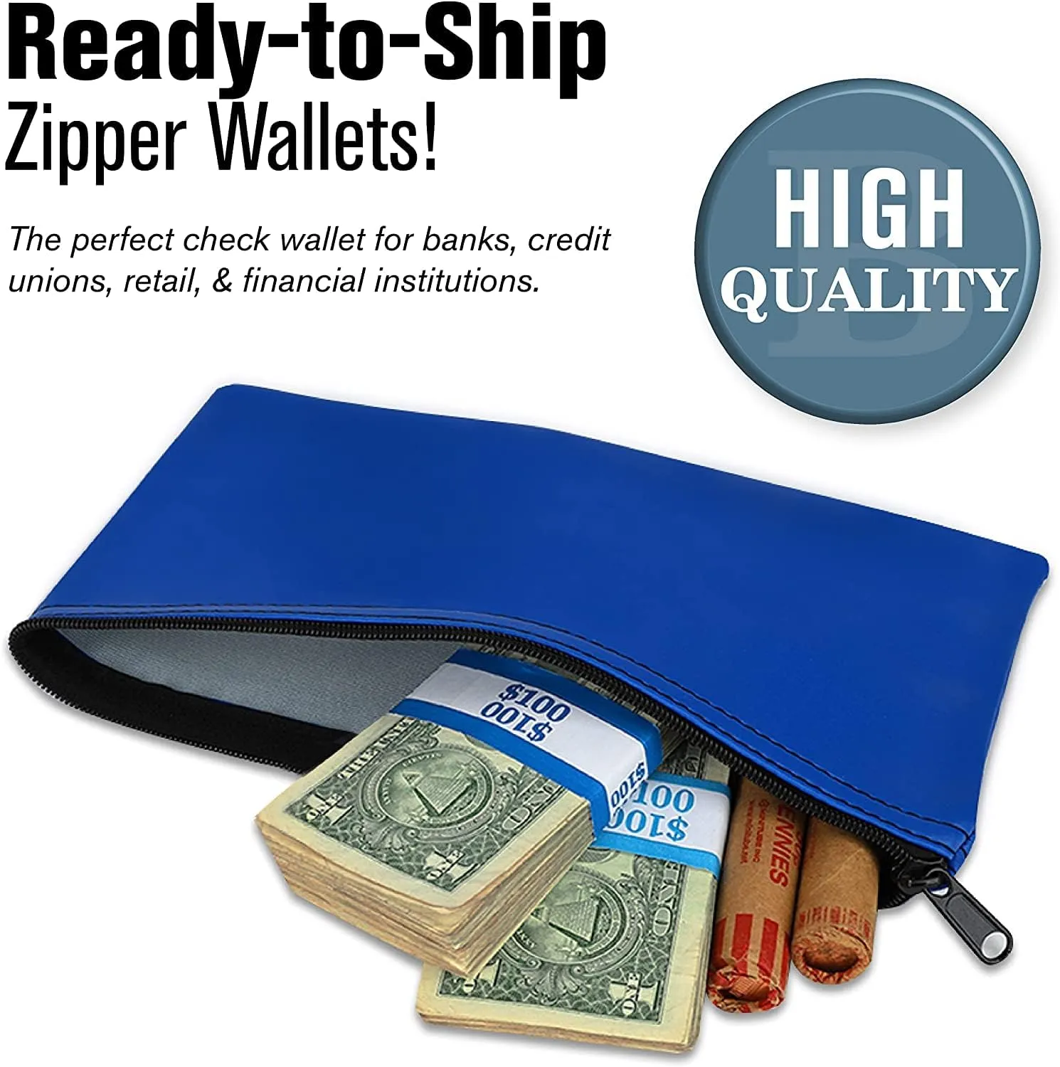 BankSupplies Reusable Deposit Bag | 11” W x 6” H | Vinyl Coating | Royal Blue | Double-Stitched Seams | Heavy-Duty Nylon Zipper | Leather-Like Textured Grain | Bank Bags with Zipper