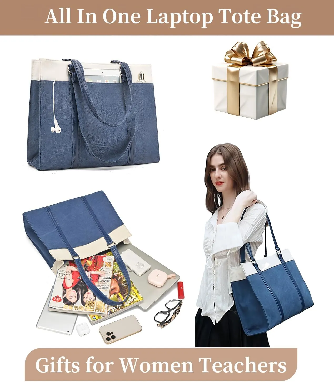 Barsine Women Laptop Tote Bag for Work Lightweight 15.6 Inch Canvas Two-Tone Satchel Handbag Purse