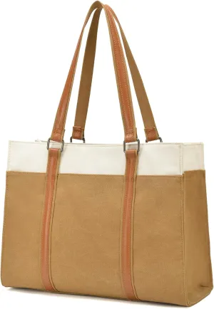 Barsine Women Laptop Tote Bag for Work Lightweight 15.6 Inch Canvas Two-Tone Satchel Handbag Purse