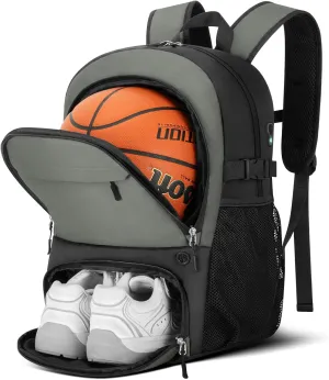 Basketball Backpack for Boys, Waterproof Basketball Bag Soccer Backpack with Ball and Shoe Compartment, Volleyball Backpacks Sport Gym Bags Soccer Bag for School Travel, Grey