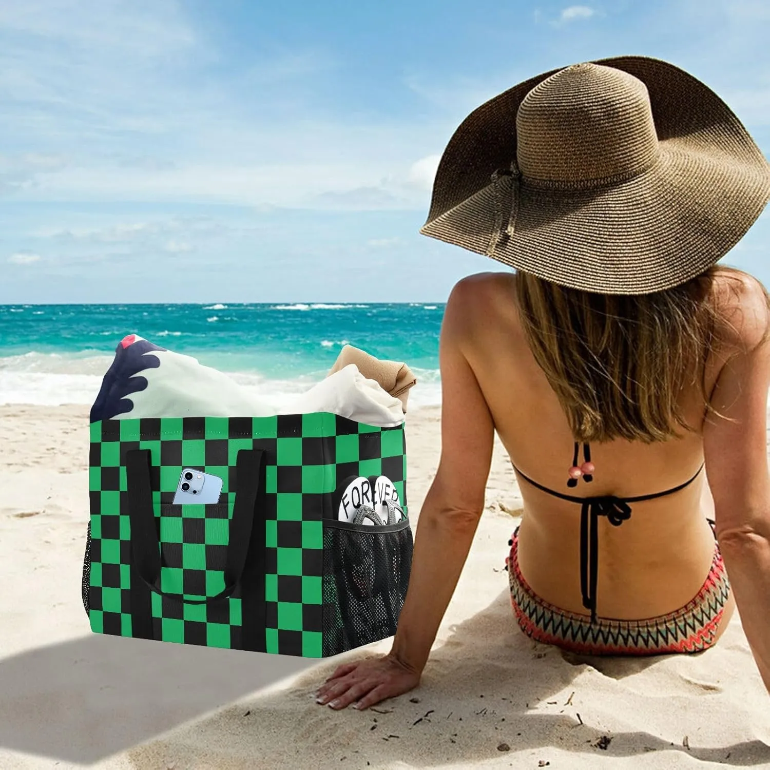 Beach Bag for Women Polka Dot Red Sandproof Pool Bags Large Canvas Tote Bag with Pocket for Travel Beach Gym Pool