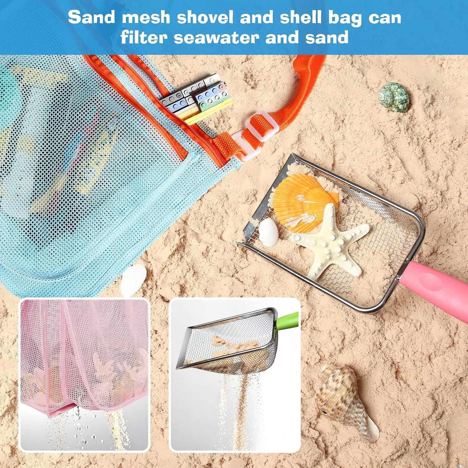 Beach Toy Set Include 2 Mesh Shovels and 2 Beach Mesh Bags,Kids Sand Sifter for Shells Collecting
